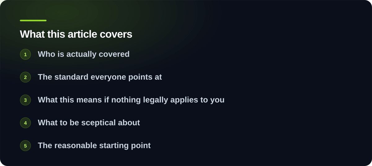 Sections covered in The accessibility rules Canadian businesses should know: Who is actually covered, The standard everyone points at, What this means if nothing legally applies to you, What to be sceptical about, The reasonable starting point