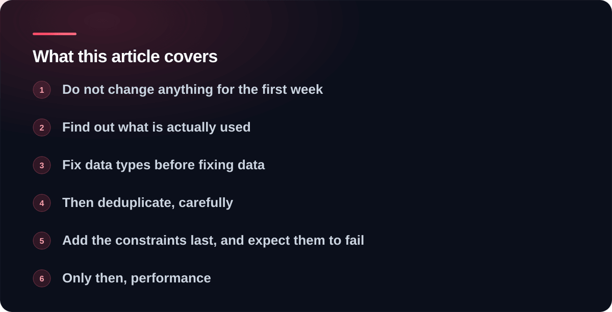 Sections covered in How to clean up a database nobody has maintained: Do not change anything for the first week, Find out what is actually used, Fix data types before fixing data, Then deduplicate, carefully, Add the constraints last, and expect them to fail, Only then, performance, Before any of it