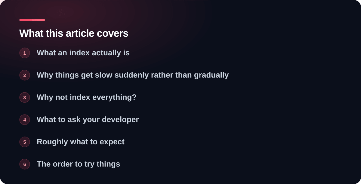 Sections covered in Database indexes explained without the jargon: What an index actually is, Why things get slow suddenly rather than gradually, Why not index everything?, What to ask your developer, Roughly what to expect, The order to try things
