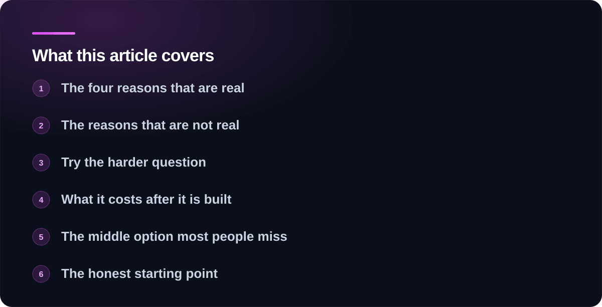 Sections covered in Does your business actually need a mobile app?: The four reasons that are real, The reasons that are not real, Try the harder question, What it costs after it is built, The middle option most people miss, The honest starting point