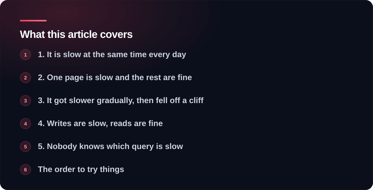 Sections covered in Five signs your database is the bottleneck: 1. It is slow at the same time every day, 2. One page is slow and the rest are fine, 3. It got slower gradually, then fell off a cliff, 4. Writes are slow, reads are fine, 5. Nobody knows which query is slow, The order to try things, When it is worth calling someone