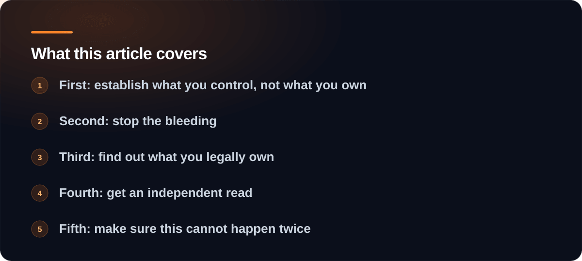 Sections covered in Your developer disappeared. Here is what to do first: First: establish what you control, not what you own, Second: stop the bleeding, Third: find out what you legally own, Fourth: get an independent read, Fifth: make sure this cannot happen twice