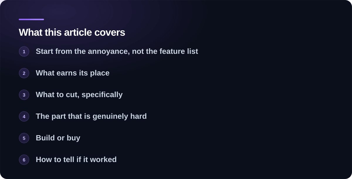 Sections covered in What a client portal actually needs, and what it does not: Start from the annoyance, not the feature list, What earns its place, What to cut, specifically, The part that is genuinely hard, Build or buy, How to tell if it worked