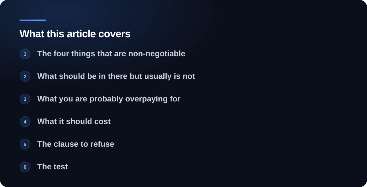 Sections covered in What a website maintenance plan should actually include: The four things that are non-negotiable, What should be in there but usually is not, What you are probably overpaying for, What it should cost, The clause to refuse, The test