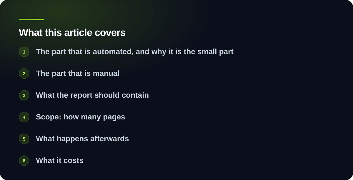 Sections covered in What an accessibility audit involves: The part that is automated, and why it is the small part, The part that is manual, What the report should contain, Scope: how many pages, What happens afterwards, What it costs, Before you buy one